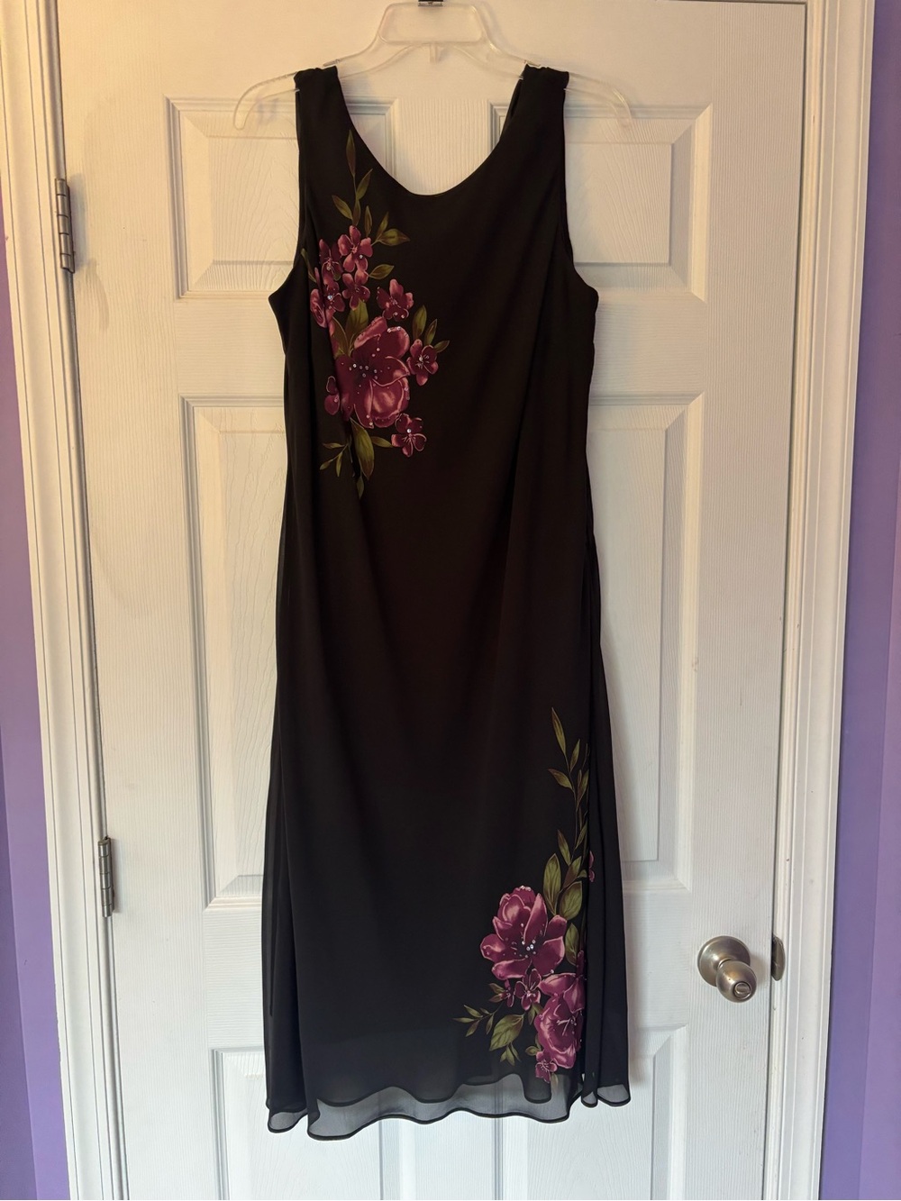 dressbarn Black Sleeveless Midi Dress with Pink Floral Accents